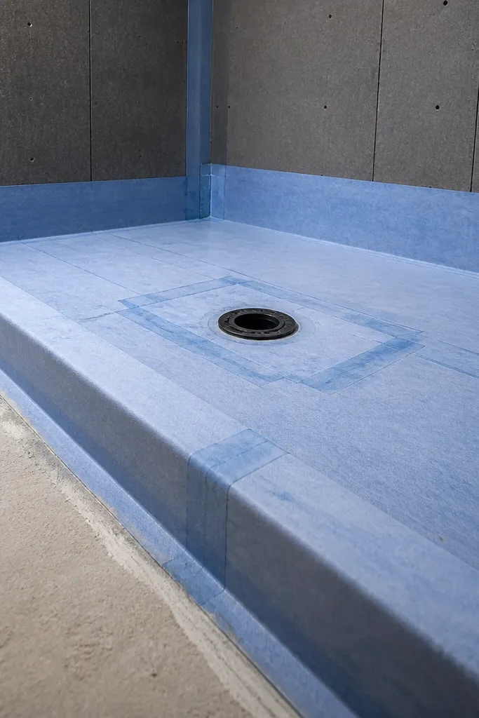 Waterproof shower pan membrane system under tile layout