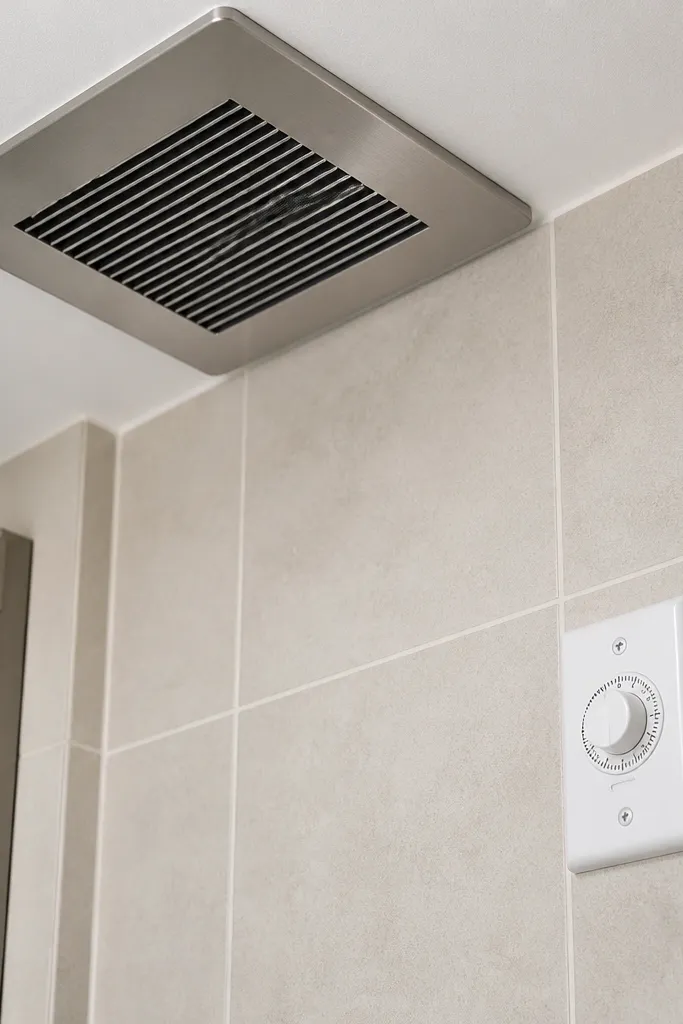 Bathroom fan grille with vent duct connection above ceiling
