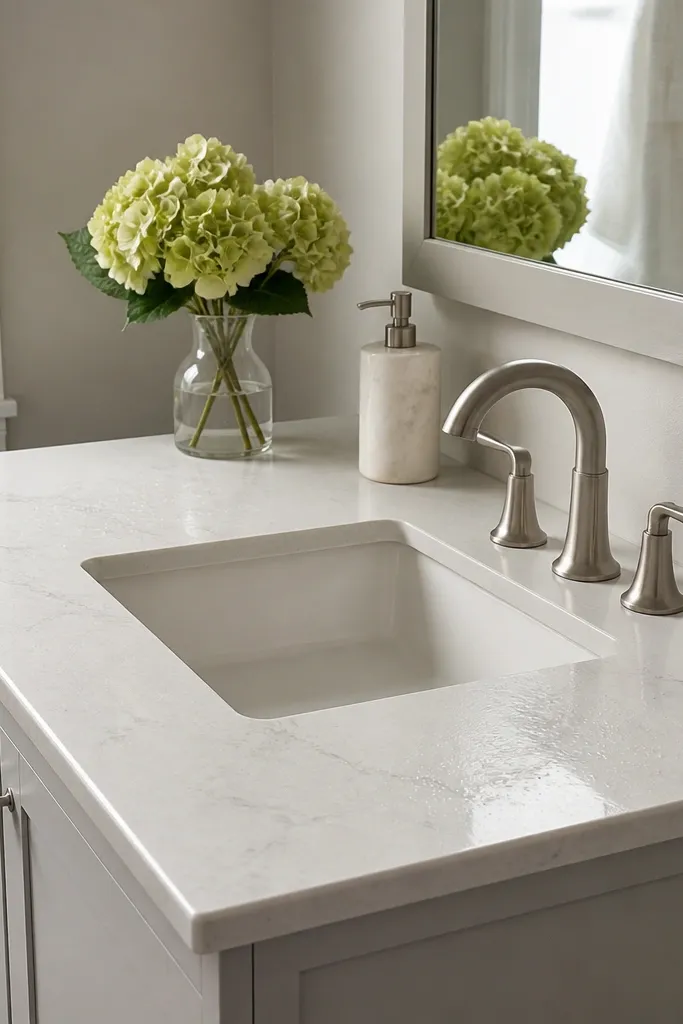 Light quartz bathroom vanity countertop with integrated sink