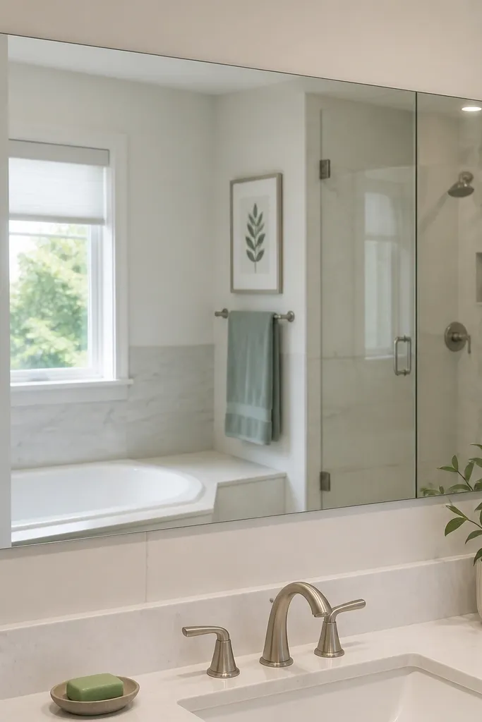 Bathroom mirror above sink with clear view after a hot shower