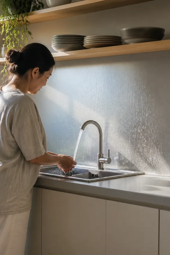 Small bathroom sink with simple smooth backsplash behind faucet