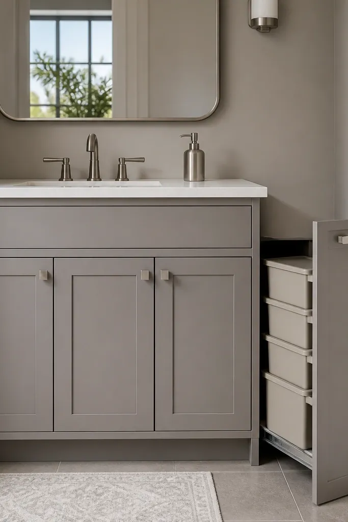 Bathroom vanity with closed doors and a slim pull-out organizer