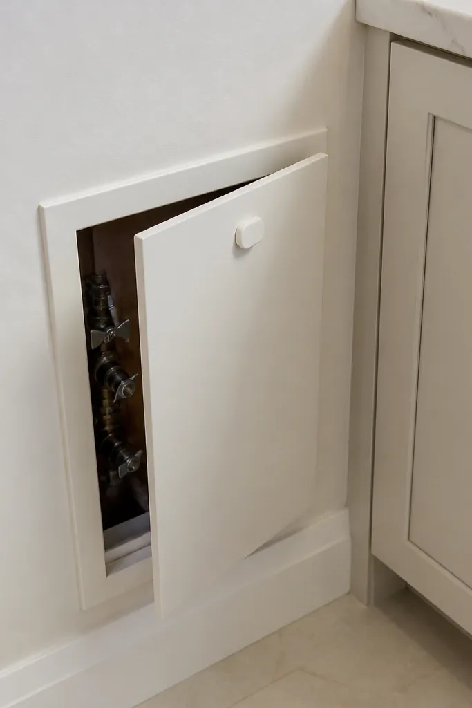 Access panel in vanity showing shutoff valves behind sink