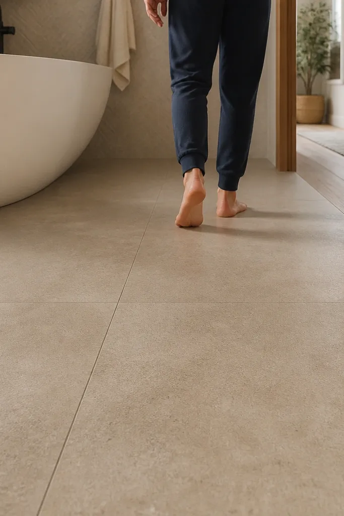 Small bathroom floor with large-format matte tile and narrow grout joints