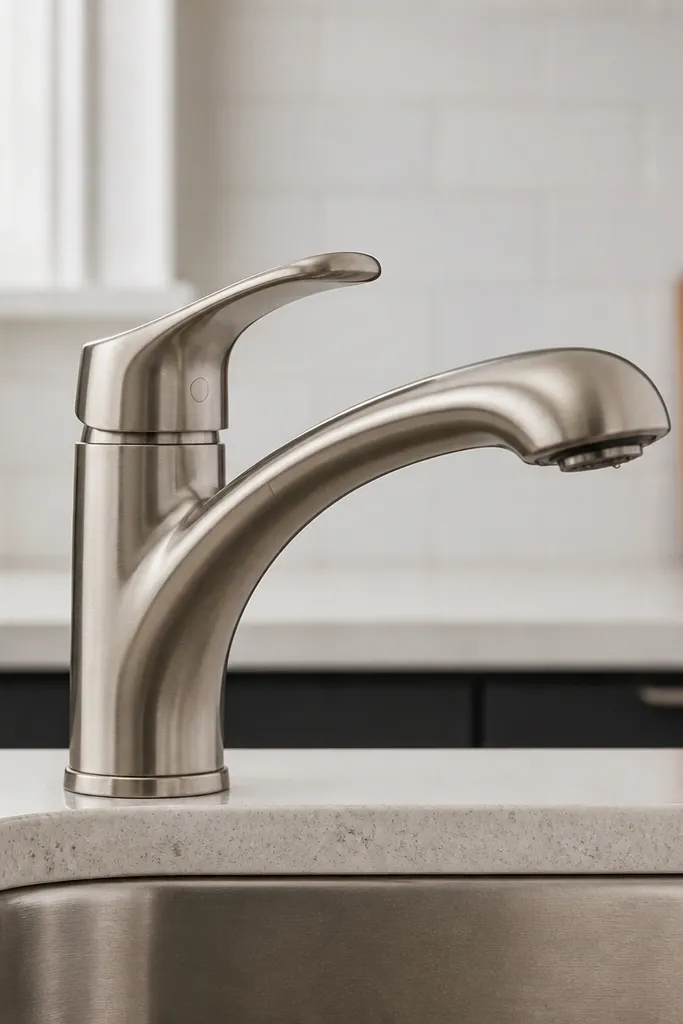 Single-handle bathroom faucet with brushed finish and smooth handle