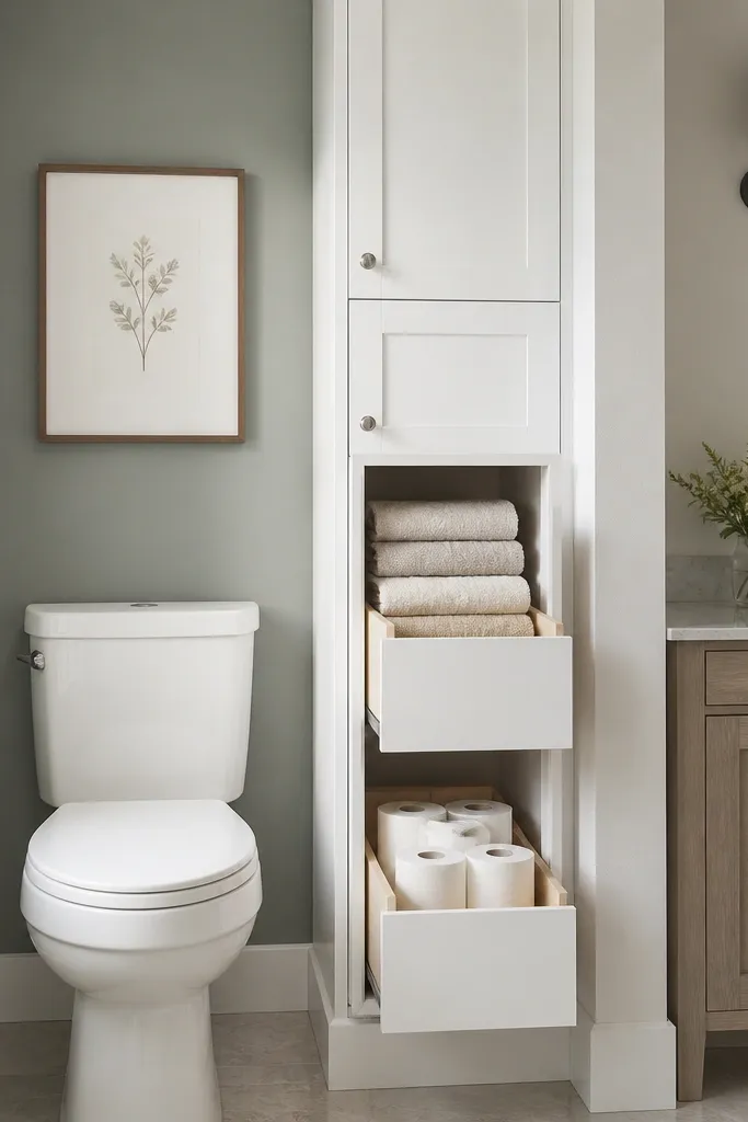 Narrow tall cabinet beside bathroom vanity with pull-out bins