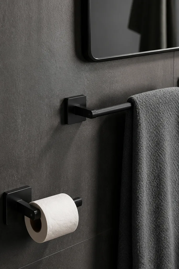 Matte black towel bar and paper holder with clean straight lines