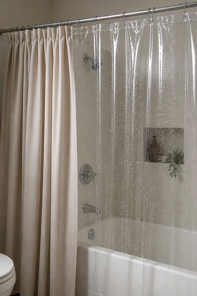 Shower curtain setup with sealed liner and easy-to-remove design