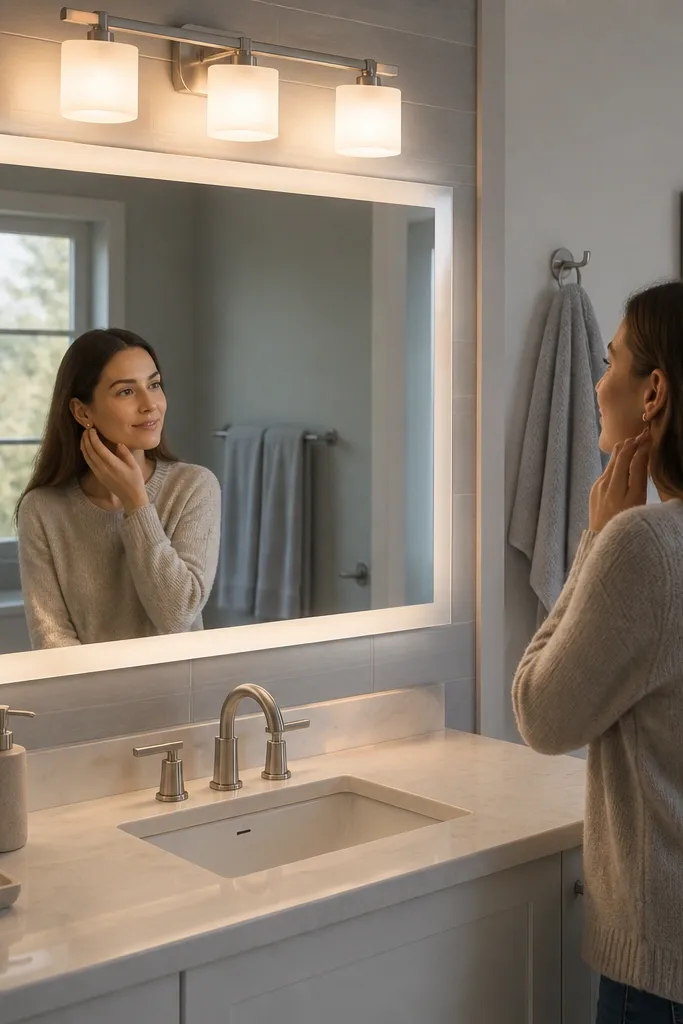 Vanity light with frosted covers above mirror in a small bathroom