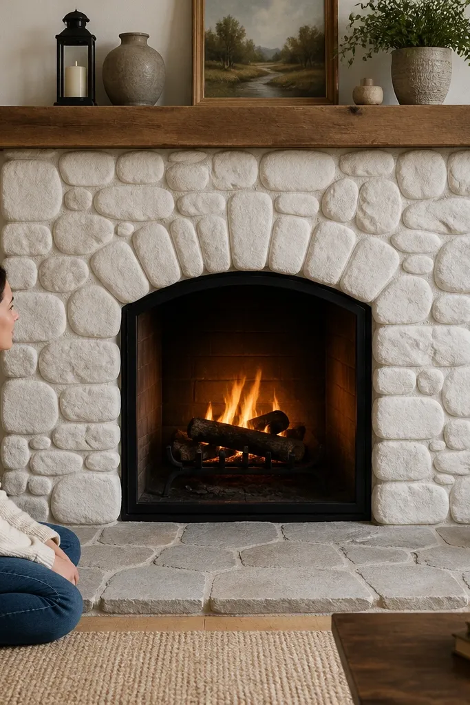 Satin whitewashed fieldstone fireplace with sealed grout lines
