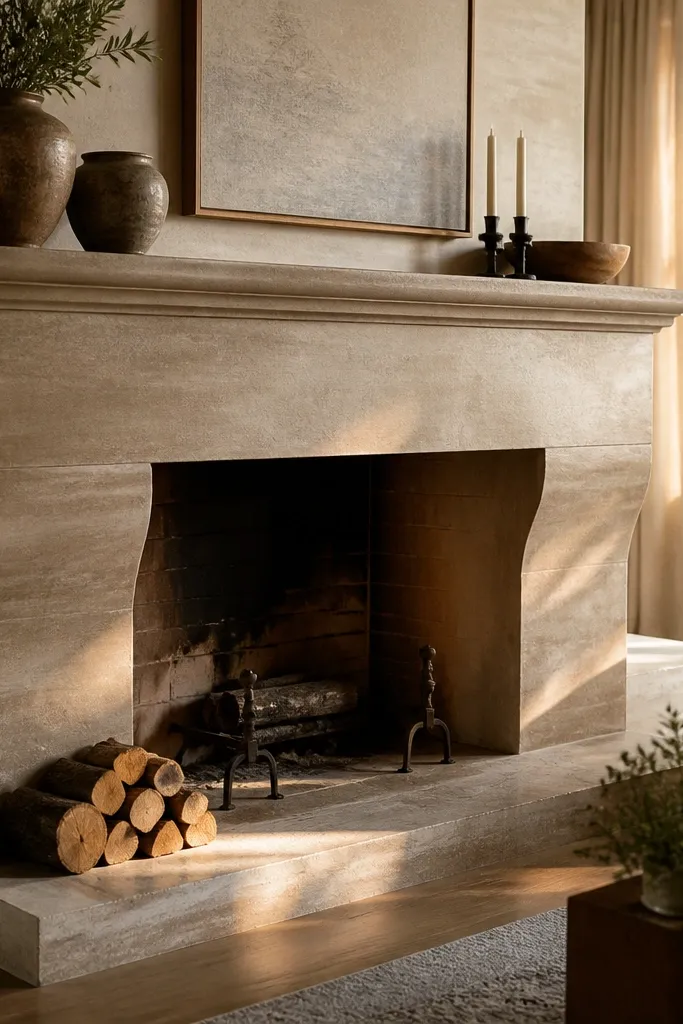 Warm greige limewash-style stone fireplace with a soft sealed finish