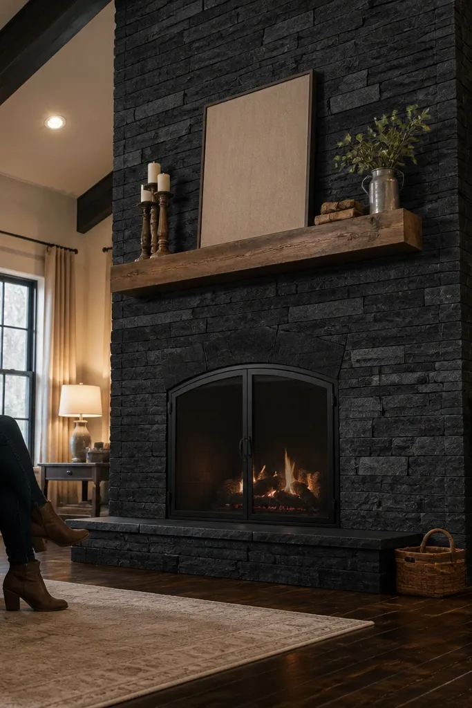 Matte black stone fireplace surround with a low-sheen sealed finish