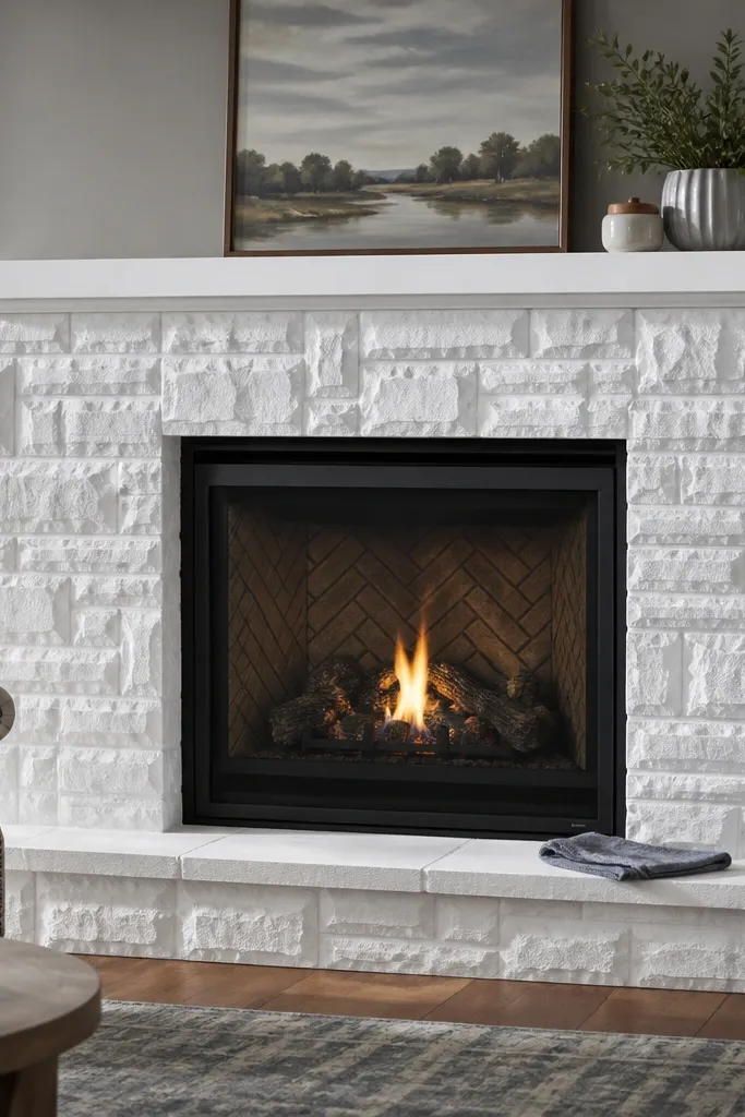 White satin-painted stone fireplace surround floor to ceiling