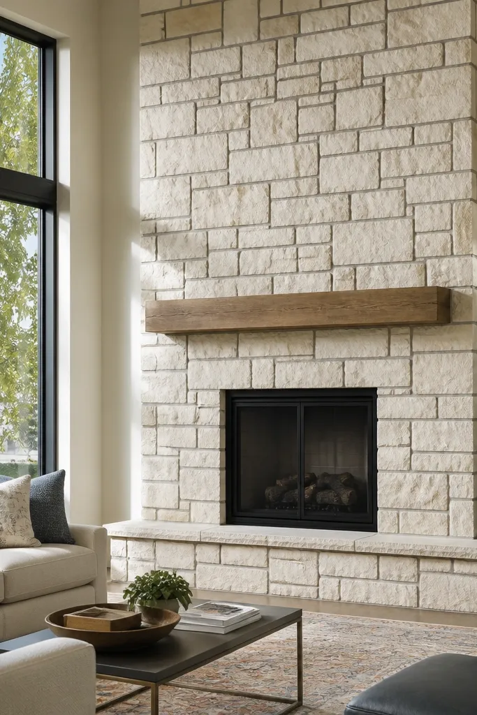 Off-white stone fireplace with darker grout lines and a sealed finish
