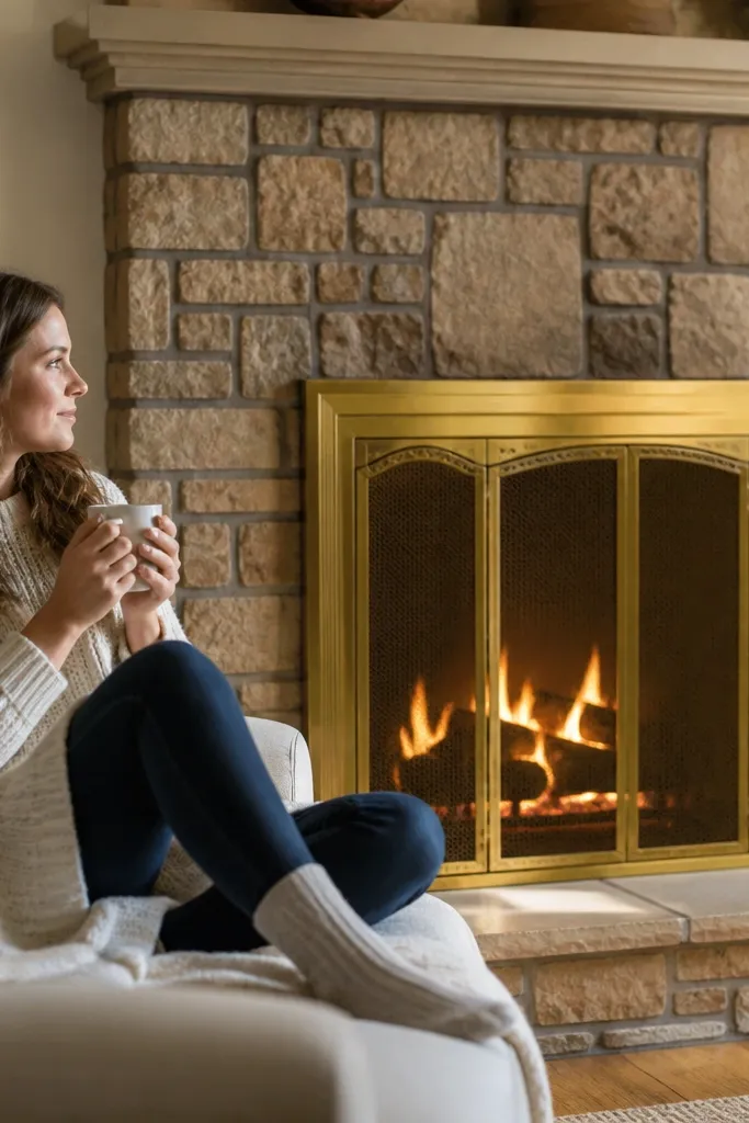 Clear matte-sealed natural stone fireplace with warm brass trim