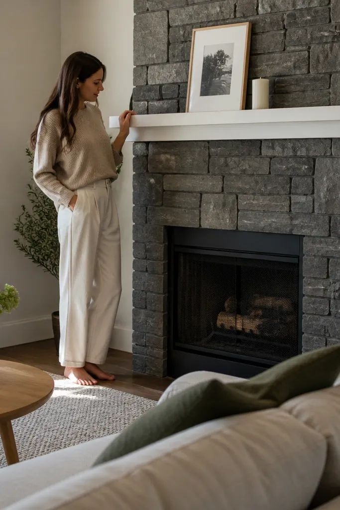 Sealed stone fireplace body with painted mantel shelf in a matching warm white