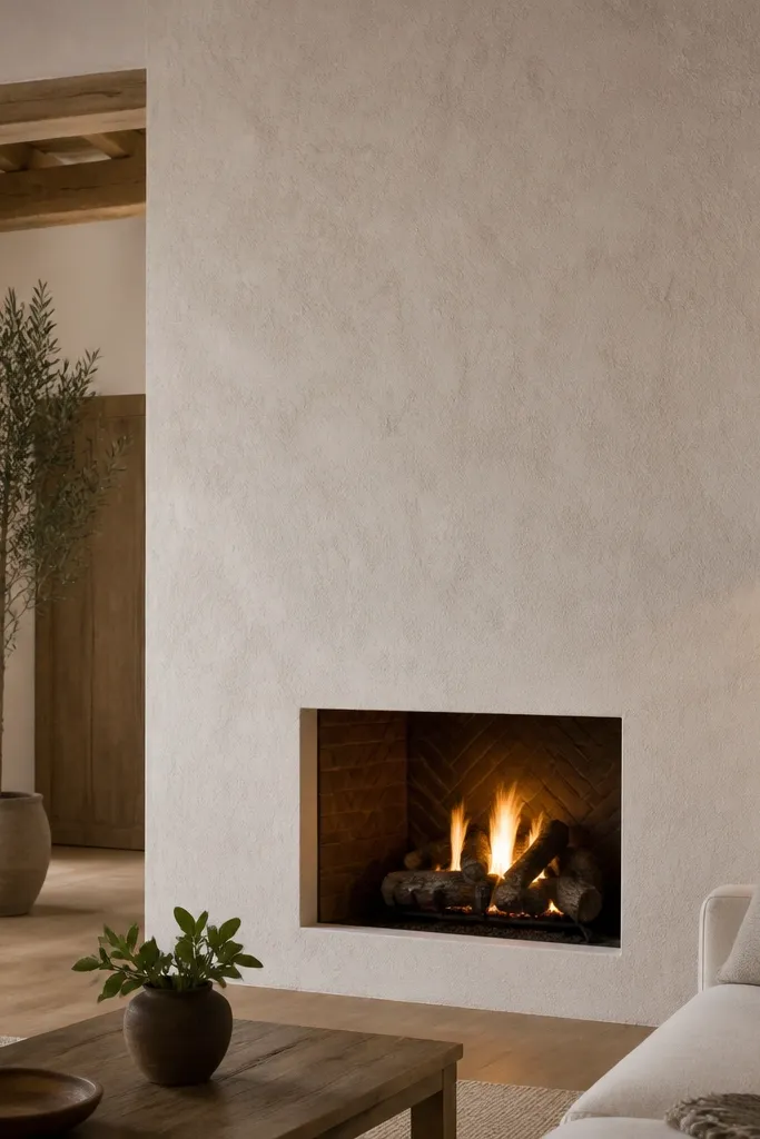 White textured plaster over stone fireplace with a sealed, wipeable surface