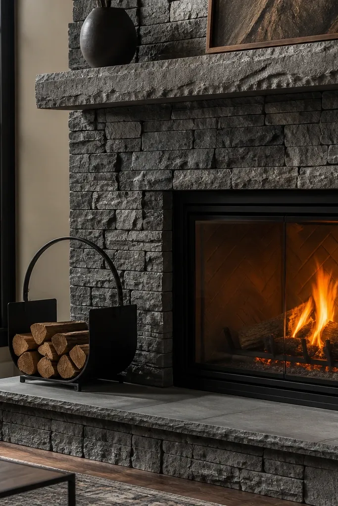 Smoke-gray washed stacked stone fireplace with a sealed matte finish