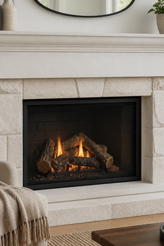 Warm white painted stone fireplace with faint dry-brushed stone edges
