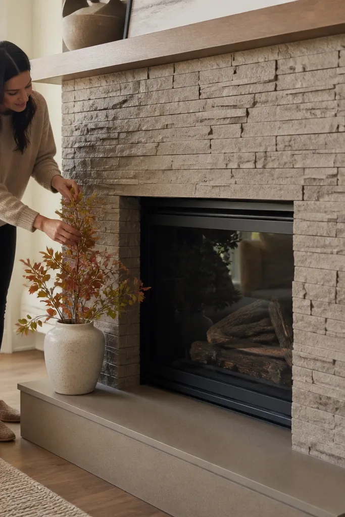 Monochrome taupe stained ledgestone fireplace with matte sealed finish