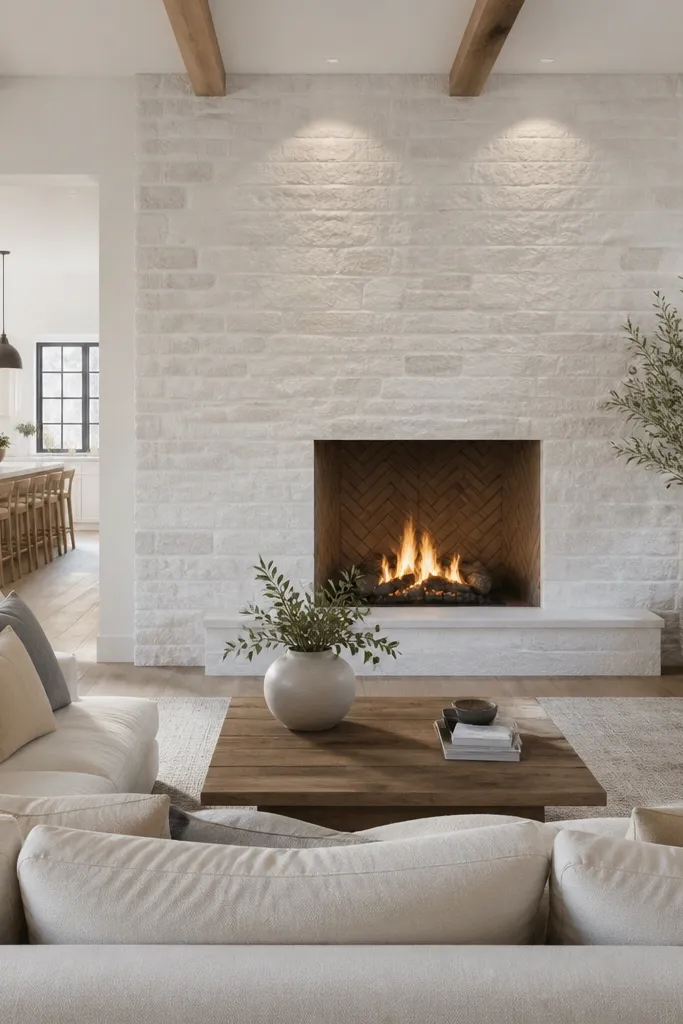 Stone veneer fireplace with white mortar wash and clear matte protection