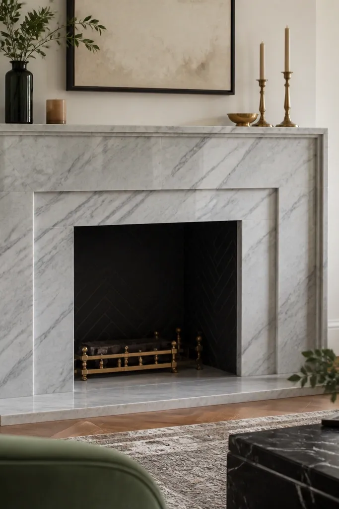 Honed marble-style fireplace surround with clear satin sealer