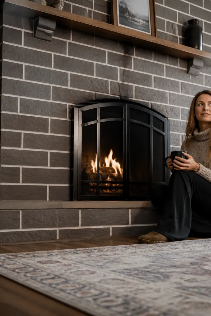 Brick-patterned painted stone fireplace with sealed matte finish