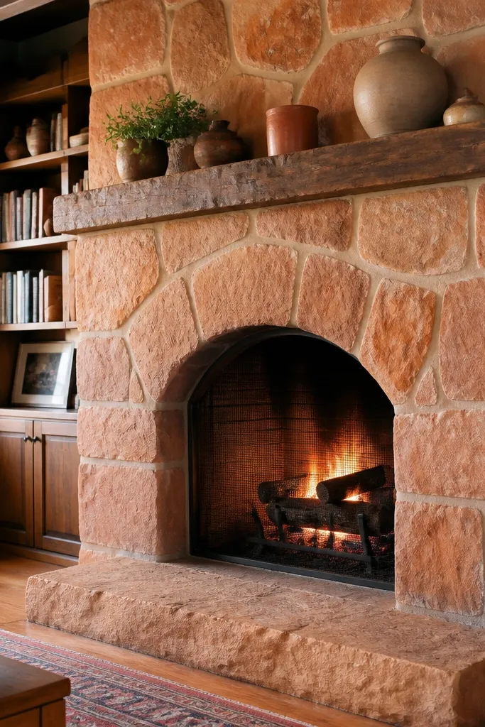 Terracotta clay-washed stone fireplace with a matte sealed finish