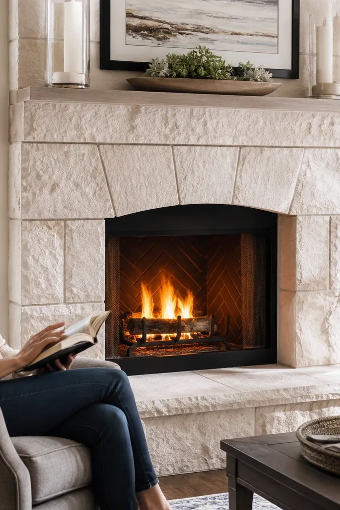 Warm white satin-painted stone fireplace surround with clean edges