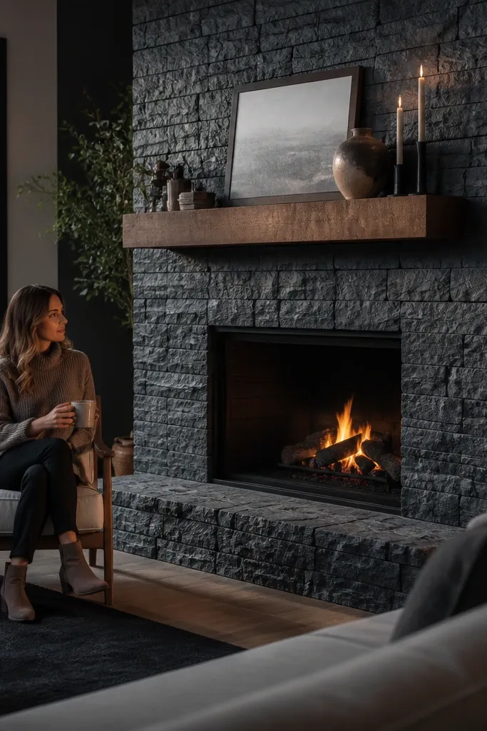 Charcoal limewash stone fireplace with matte sealed finish