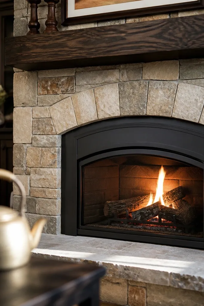 Natural stone fireplace with matte sealed surface that resists staining