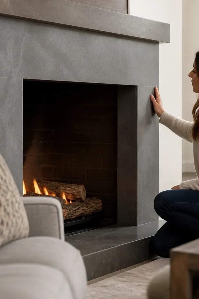 Warm gray painted stone fireplace with satin brushed texture finish