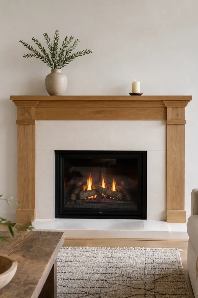 Soft ivory matte-sealed stone fireplace with a light oak mantel shelf