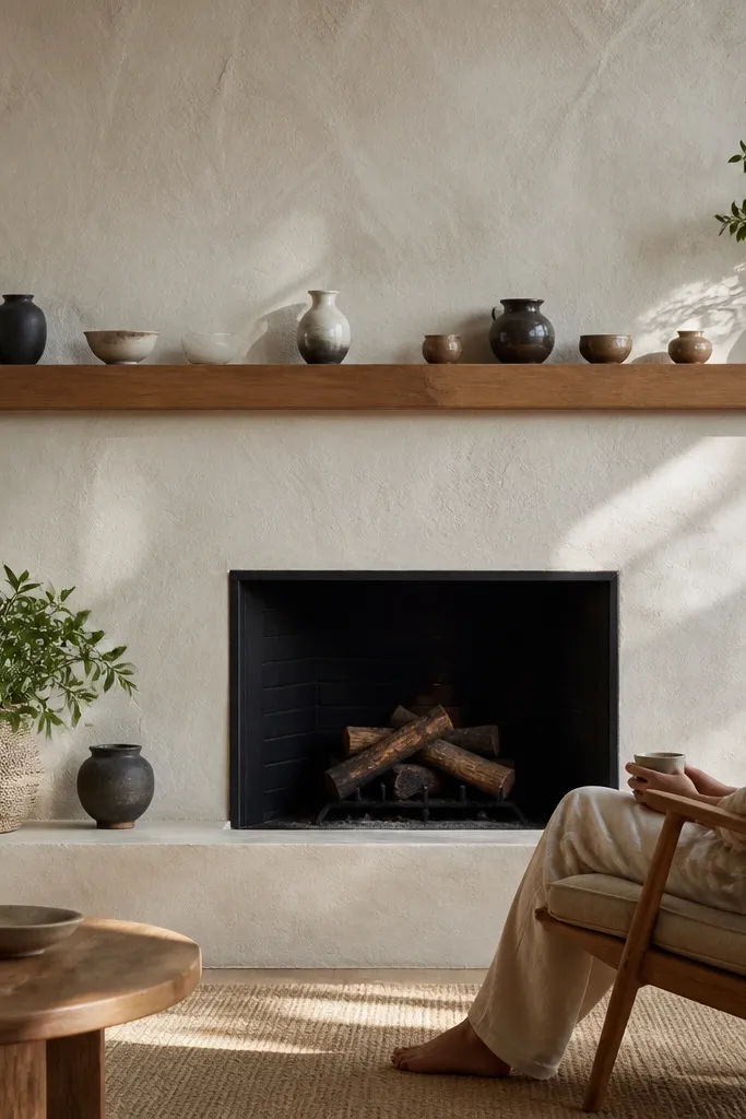 White lime-plaster mortar finish over stone fireplace with matte sealing