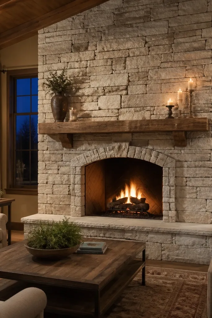 Stacked stone fireplace with white salt-wash lime and soft gray shadows