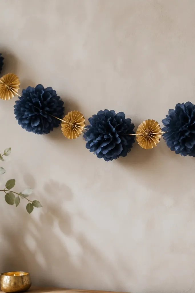 A garland with tissue flowers alternating deep navy and small gold accents. The gold flowers look like mini fans while the navy flowers are fuller, with a thin gold cord running behind them.