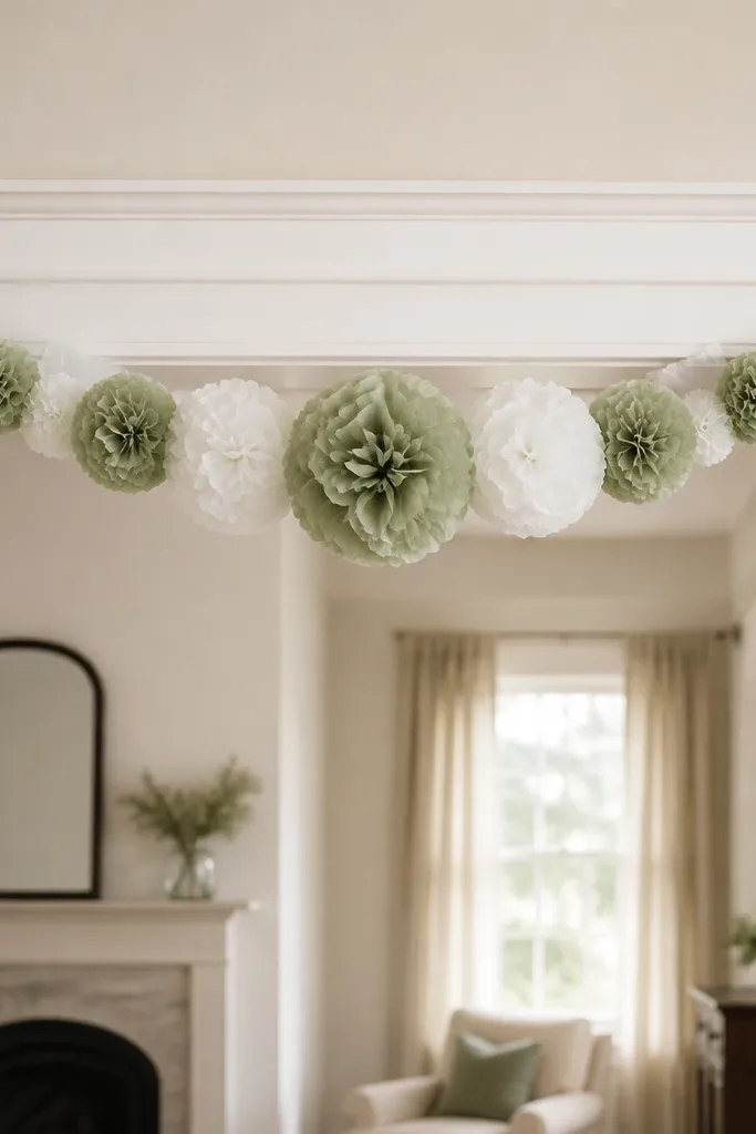 Tissue paper flower garland with sage green and white blooms, hung along a doorway. The flowers are larger at the center and smaller toward the ends, giving a gentle taper.