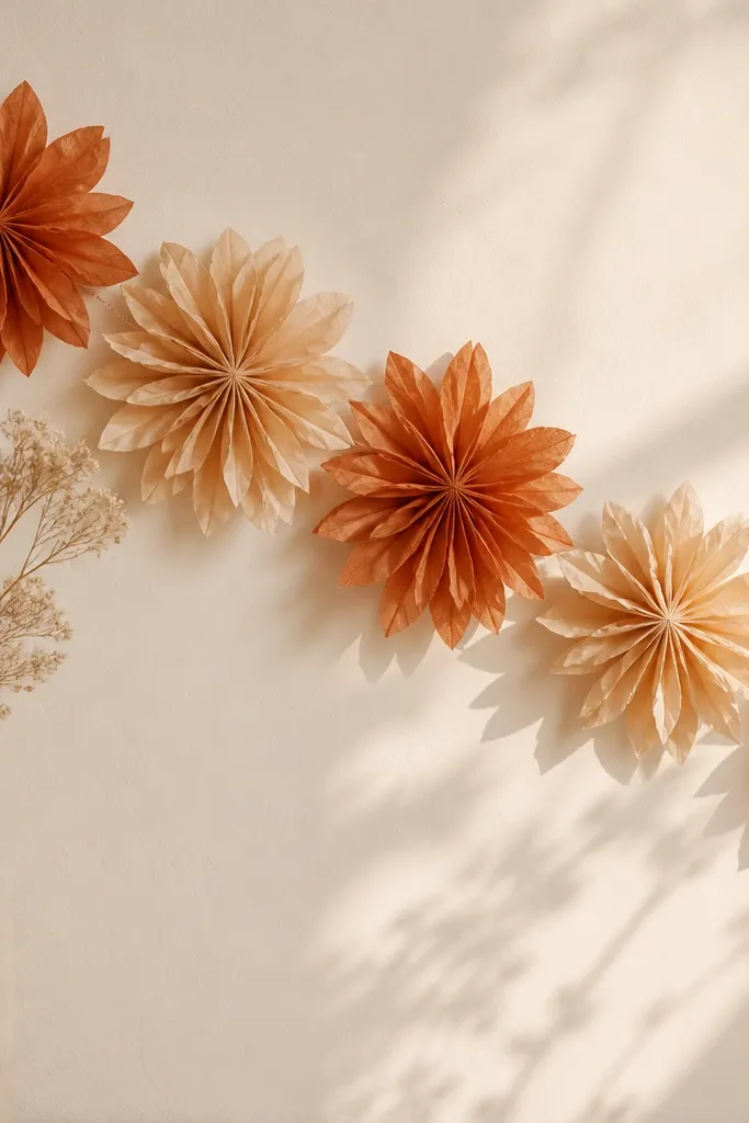 A warm-toned tissue paper flower garland with terracotta and sand-colored petals. The garland has a sunburst feel with slightly uneven petal edges that look handmade.