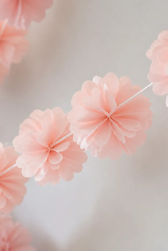 Blush tissue paper flowers with a subtle heart-shaped cut at the petal tips, strung along a white cord. The flowers look soft and romantic with slightly different petal sizes.