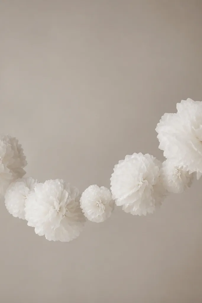 A garland of white tissue paper flower clusters with slight variations in size. The background is neutral, and the flowers appear like soft clouds with layered petals.