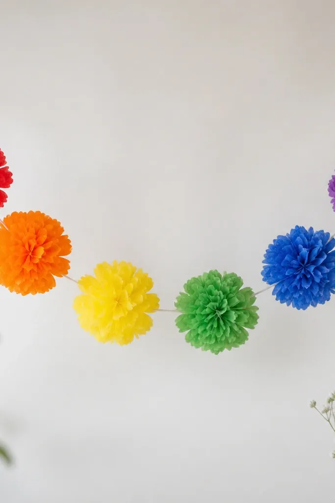 A tissue flower garland with rainbow colors arranged in stripes - red, orange, yellow, green, blue, and purple - with each flower type matching its color. The garland is tidy and evenly spaced.