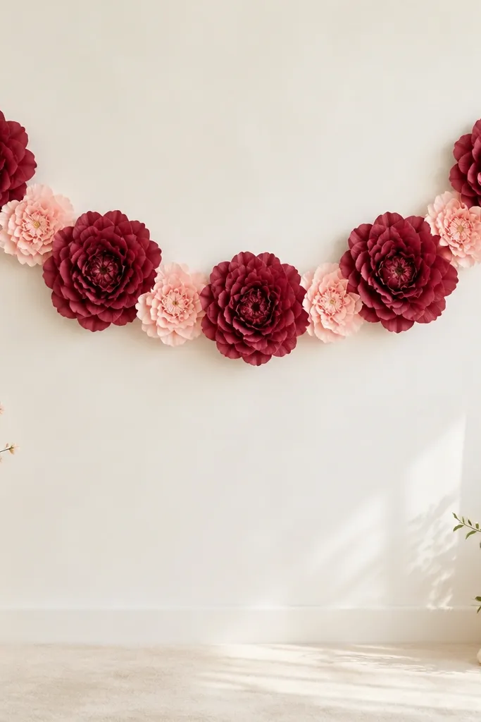 A backdrop garland with large burgundy tissue flowers and smaller blush flowers between them. The flowers are layered and the garland hangs in a gentle arc across a photo area.