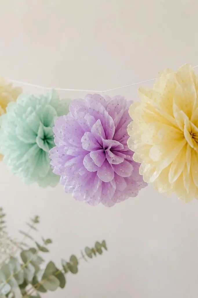 Pastel tissue flowers with small speckle-like dots on the petals. The garland includes pale mint, lavender, and buttery yellow flowers with subtle dotted texture.