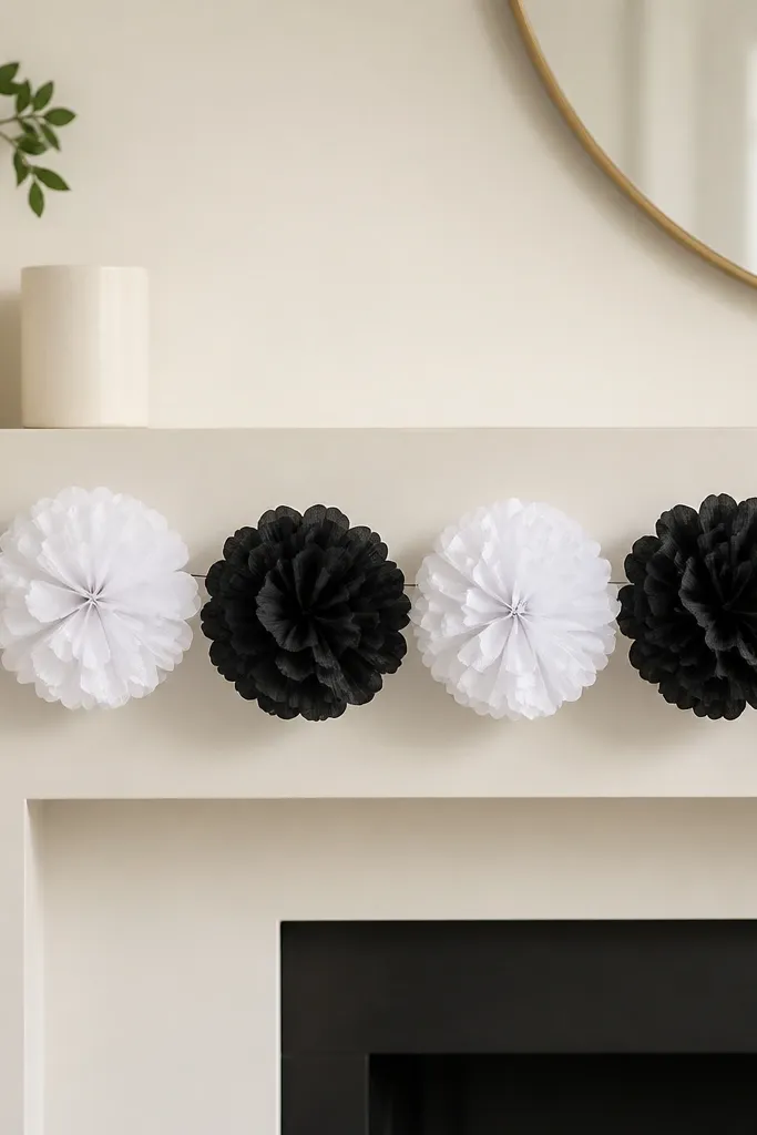 A high-contrast tissue paper flower garland with alternating black and white flowers. The petals are crisp and the garland hangs straight across a mantel or wall.