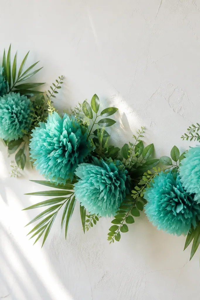 A garland with teal tissue flowers and small green accents that look like leaves. The arrangement has a tropical feel with staggered clusters.