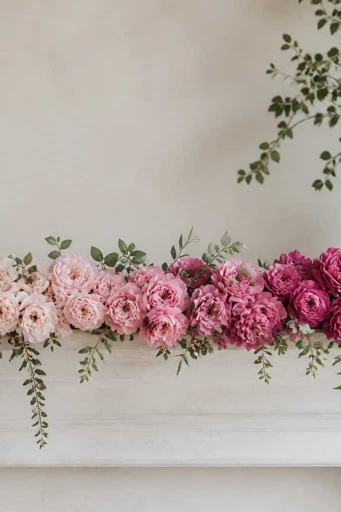 An ombré gradient garland that transitions from pale pink to deeper rose across the line. Each flower is a single color family, creating a smooth fade.