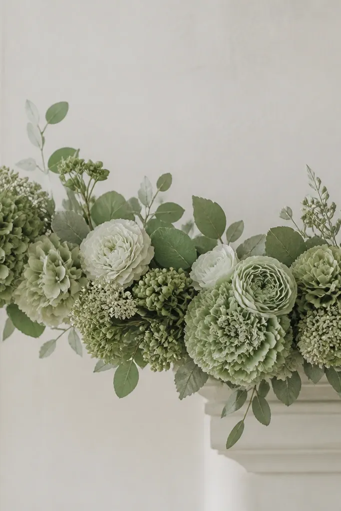A monochrome garland in varying shades of dusty sage and pale green. Flowers are arranged with alternating light and darker greens, creating a soft gradient without bright colors.