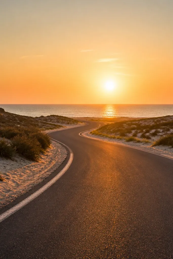 Sunlit road by the sea with warm orange sky and a clear horizon line