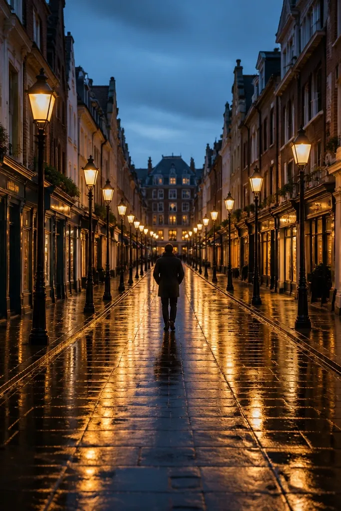 Dusk street with buildings on both sides and a road that narrows toward the horizon