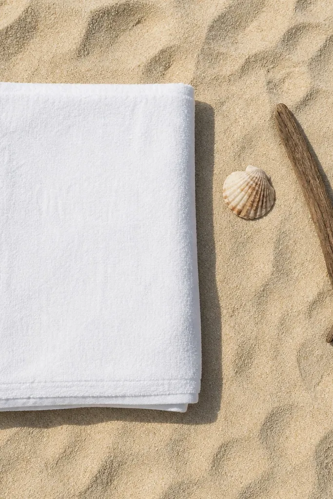 Folded white towel with sunglasses and a small shell on a sandy background